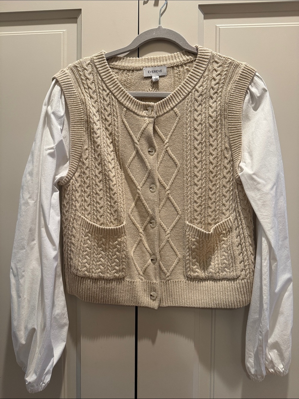 Evereve Cream Cable Knit Button-Up Sweater Vest with attached Blouse Sleeves